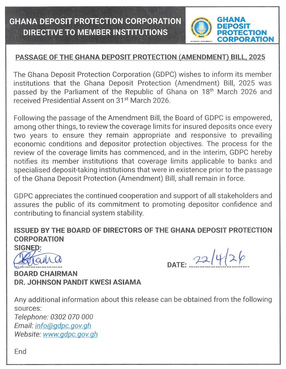 GDPC Directive to Member Institutions on the Ghana Deposit Protection (Amendment) Bill, 2025